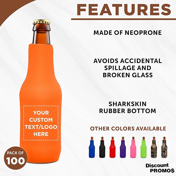 100 Neoprene Zippered Beer Bottle Coolies Pack - Customizable Text, Logo - Sharkskin Rubber Bottom - Neon Orange