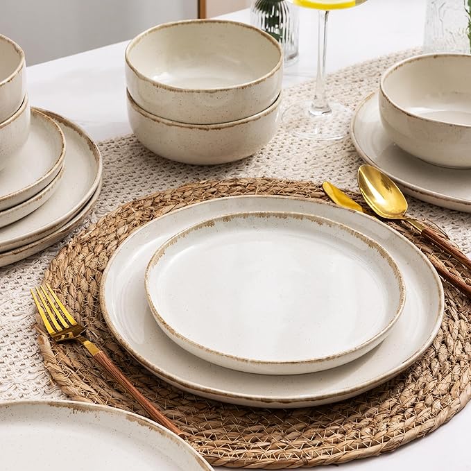 AmorArc Ceramic Dinnerware Sets, Wavy Rim Stoneware Plates and Bowls Sets, Highly Scratch Resistant | Dishwasher & Microwave Dishes set, Service for 6 (18pc)-Speckled Cappuccino