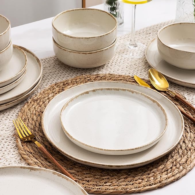 AmorArc Ceramic Dinnerware Sets, Wavy Rim Stoneware Plates and Bowls Sets, Highly Chip and Crack Resistant | Dishwasher & Microwave Dishes set, Service for 4 (12pc)-Speckled Cappuccino White