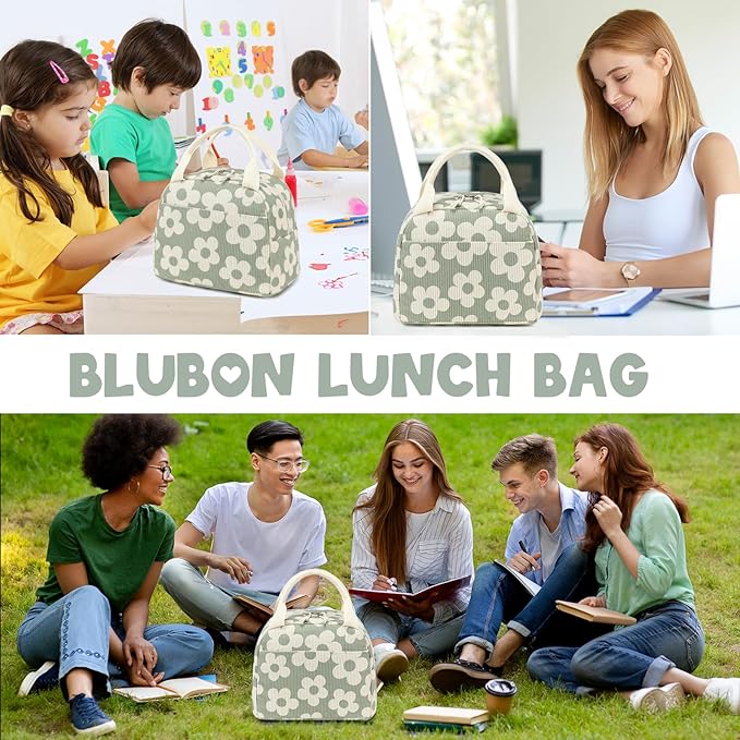 Bluboon Lunch Bag for Women Men Cute Corduroy Lunch Tote Bags Reusable Insulated Lunch Box Large Capacity Reusable Insulated Cooler for Work Picnic or Travel
