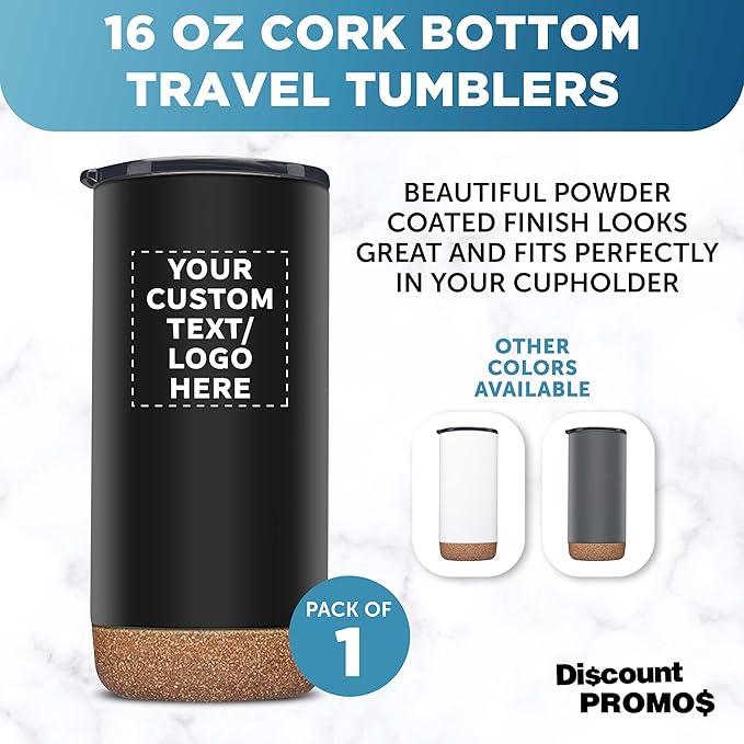 DISCOUNT PROMOS Custom Travel Tumblers with Cork Bottom 16 oz. Set of 1, Personalized Bulk Pack - Double Wall Insulated, Matte Finish, Perfect for Iced Coffee, Soda, Other Beverages - Black