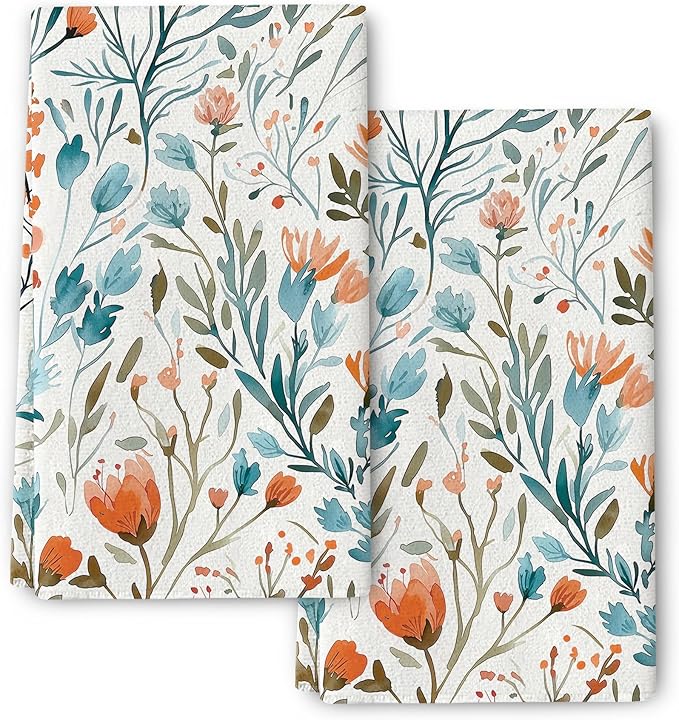 Blue Orange Flowers Kitchen Towels Decorative Set of 2, Watercolor Floral Hand Towels for Kitchen Baking Cooking, Soft Absorbent Vintage Floral Dish Clothes for Drying Dishes Holiday Decoration