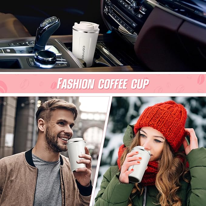 Sieral 4 Pcs 13 oz Travel Coffee Mug Insulated Reusable Coffee Cups with Leakproof Lid Stainless Steel Portable Tumbler for Keep Hot or Ice Milk Tea(White)