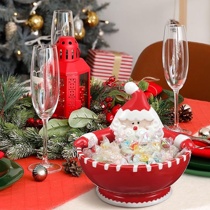 Santa Claus Candy Bowl Christmas Ceramic Snack Dish with Santa Hug Design, 6.5 Inch Holiday Dip Bowl for Candy, Nuts, Treats, Table Ornament or Gift
