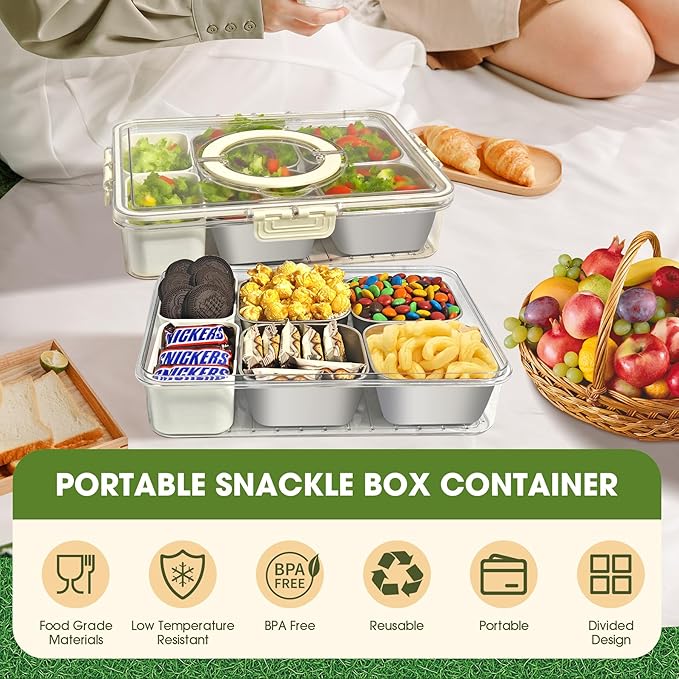 Snackle Box Container, Divided Serving Tray with Lid and Handle, Portable Stainless Steels Snack Platters, Charcuterie Container Veggie Tray with Lid for Fruits Candy Nuts, Perfect for Party Travel