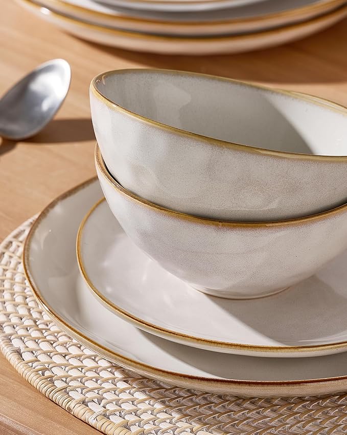 Famiware Ocean Round Plates and Bowls Set, 18 Pieces Dinnerware Sets, Dishes Set for 6, Reactive Glaze, Microwave and Dishwasher Safe, Scratch Resistant, Cappuccino White