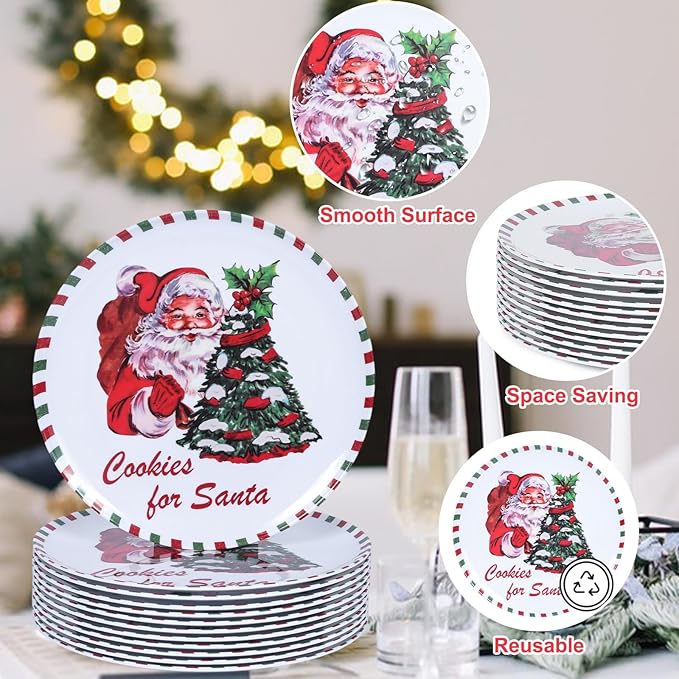 10-Inch Christmas Melamine Dinner Plates, 12-Piece Dishes Set, Lightweight & Stackable for Holidays& Decor‌ Party plates, Ideal for Salad,Dessert,Fruit and Cakes