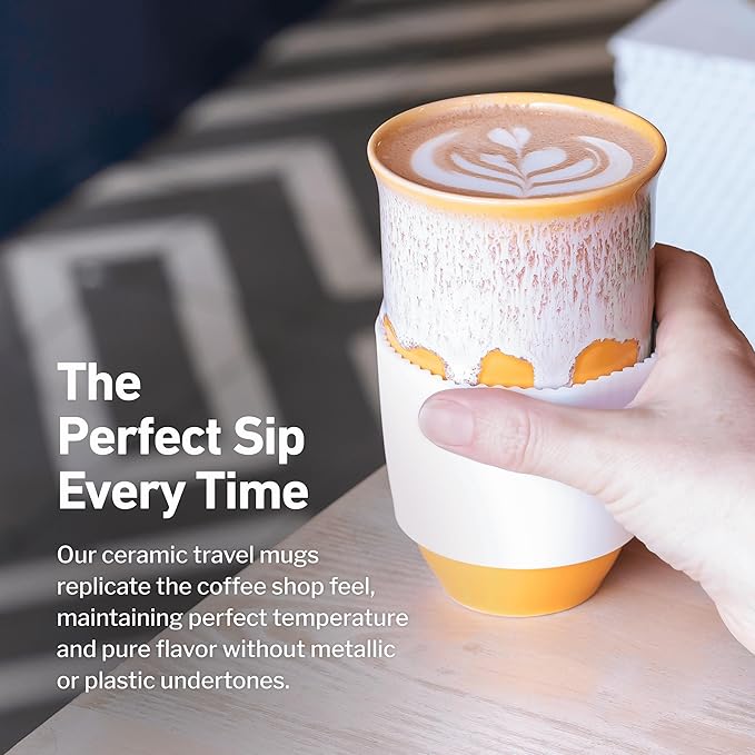 Ceramic Tumbler– Ceramic Travel Mug With Lid – Microwave & Dishwasher Safe Coffee White & Orange Tumbler - Gifts For Women Men Him Her – 16oz – Grapefruit