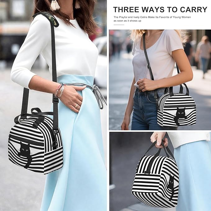 Black Cat Reusable Insulated Lunch Box Waterproof Lunch Bag with Detachable and Adjustable Shoulder Strap for Office Picnic or Travel