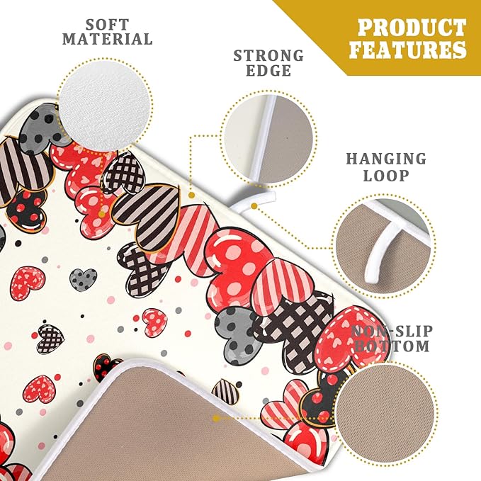 Red Heart Dish Drying Mat 16"x18" Love Dots Microfiber Dish Drainer Rack Mat Holiday Absorbent Fast Dry Pad for Kitchen Counter Home Decor