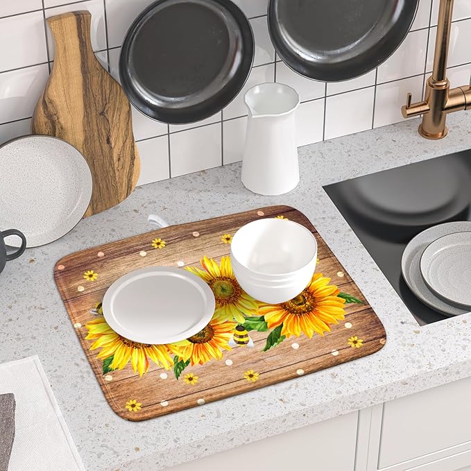 Sunflower Bee Dish Drying Mat for Kitchen Counter Home 16x18 Inch Wood Barn Microfiber Drainer Rack Mats Washable Absorbent Dish Dry Pad