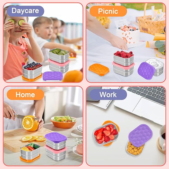 TeamFar 3 Pcs Stainless Steel Snack Containers for Kids, 8 OZ Small Food Container with Silicone Lid Easy Open Leak Proof, Metal Toddler Lunch Bento Box for Child Daycare School, MultiColor