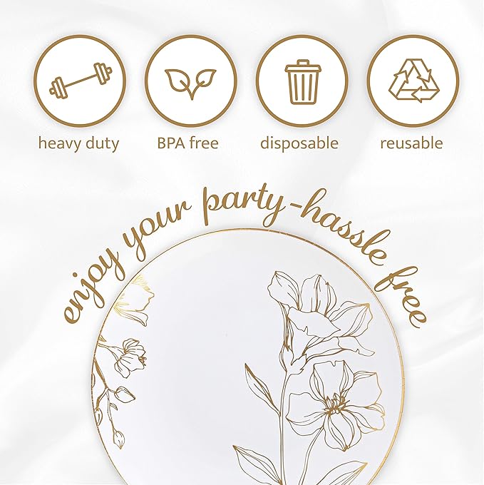 PLASTICPRO White Plastic Floral Design Party Plates With Gold Rim Premium heavyweight Elegant Disposable Tableware Dishes (120, 6'' INCH PLATES)
