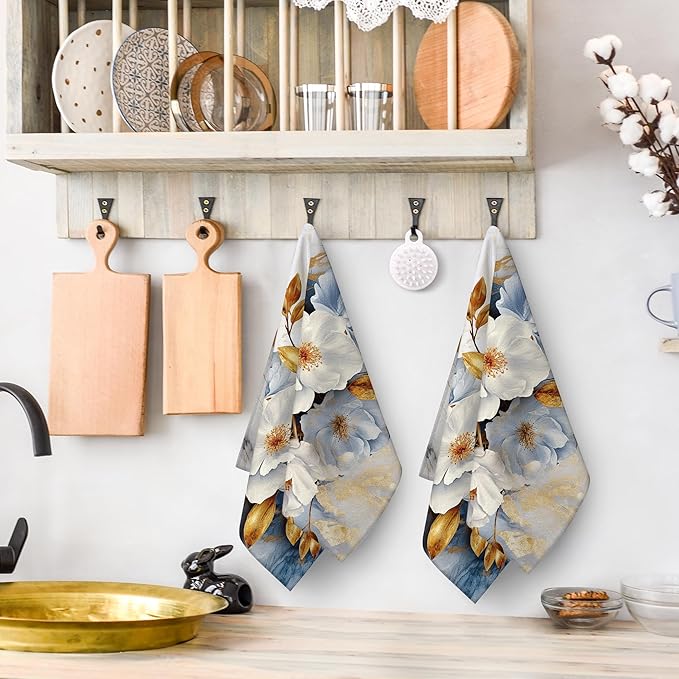 Retro Floral Kitchen Towels Decorative Set of 2, Absorbent Golden Dish Towels for Kitchen Drying, Cute Tea Towels Hand Towels for Kitchen Bar Bathroom Decor,Housewarming Gifts for Women