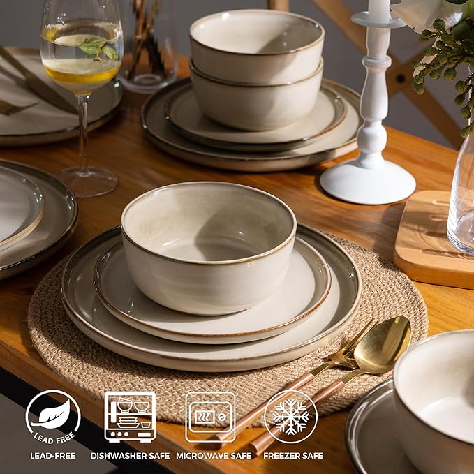 GBHOME 32 Pieces Double Bowls Ceramic Dinnerware Sets for 8, Stoneware Plates and Bowls Set with Reactive Glaze, Scratch Resistant Stoneware Dishes Set, Dishwasher & Microwave Safe