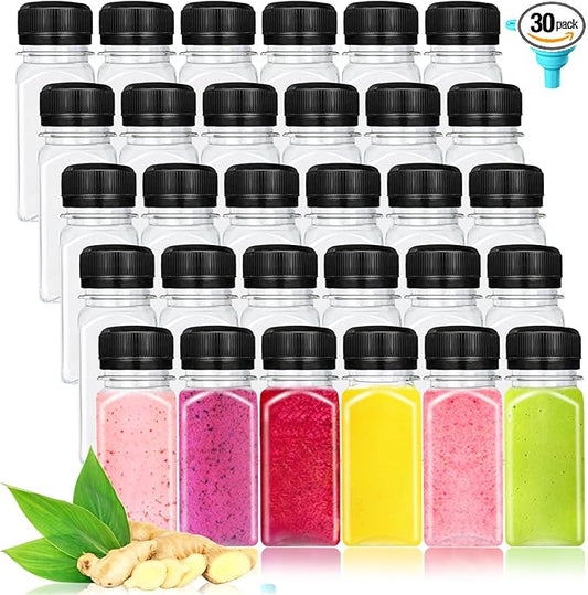 30 Pcs 2oz Plastic Juice Bottles with Caps,Reusable Clear Drink Containers,Transparent Square Bottle with Lids for Juices,Milk,Smoothies,Tea and Other Beverages(Black)