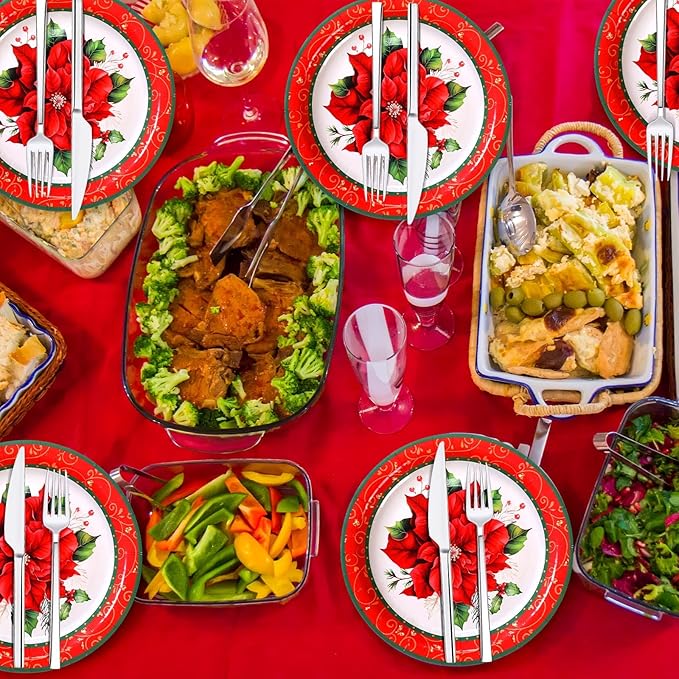Zhehao 100 Pcs Christmas Paper Plates 9 Inch Disposable Plates Bulk Red and Green Poinsettia Christmas Party Decoration for Xmas Candy Dinner Plate Party Wedding Event Supplies