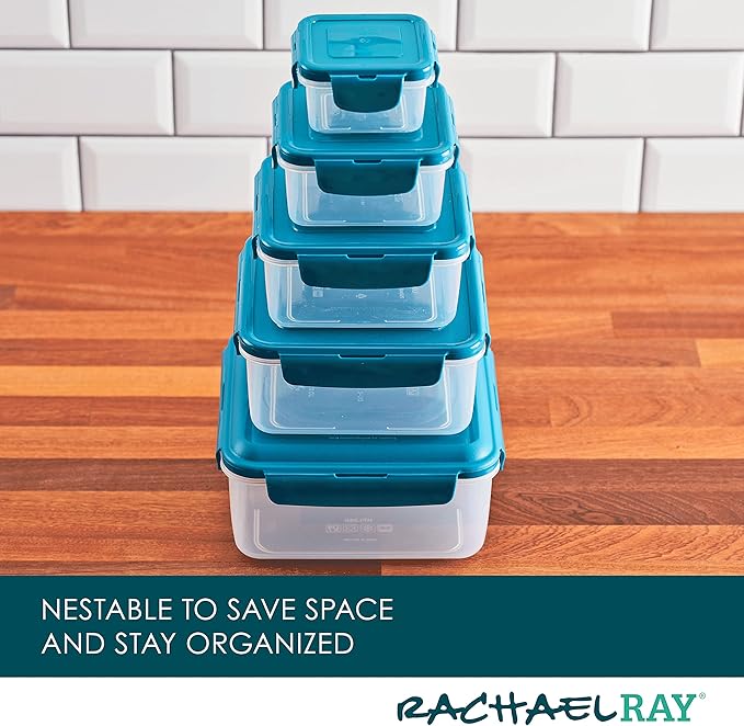 Rachael Ray Leak-Proof Nestable Container Food Storage Bin Set, 10-Piece Square, Teal Lid