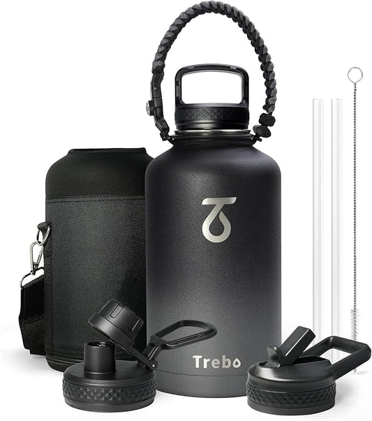 Trebo Water Bottle 64oz with Paracord Handle, Half Gallon Large Vacuum Double Wall Stainless Steel Insulated Water Jug with Straw Spout Handle Lids, Leakproof BPA-Free Keep Cold & Hot, Dark Gray