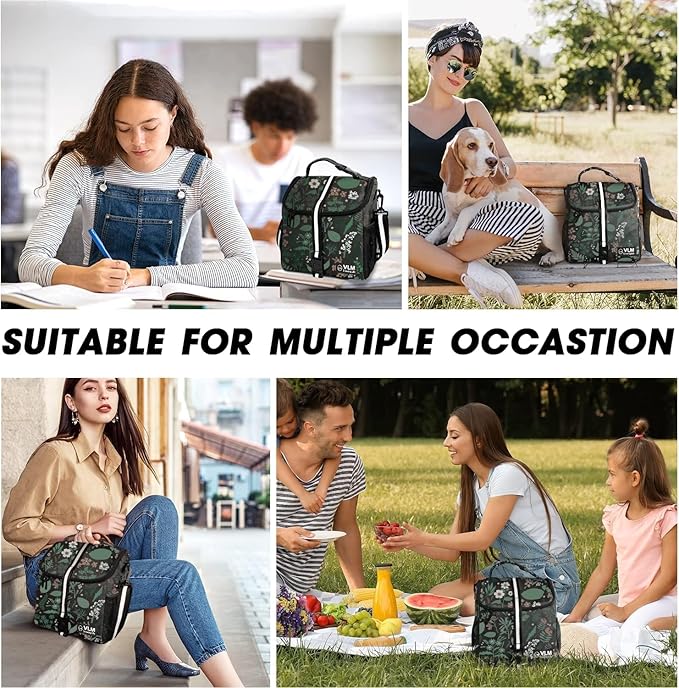 VLM Lunch Box for Women, Insulated Lunch Bag Women with Adjustable Shoulder Strap, Cute Lunch Tote Bag for Work,Picnic,Camping (Green Floral, Small)