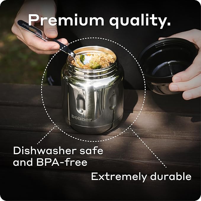BOBBER 16 oz Insulated Stainless Steel Food Jar with Extra-Wide Mouth, Built-in Folding Spoon – Leak-Proof Thermos for Hot Food – Keeps Lunch Hot for 10 Hours, Cold for 15 Hours (Glossy)