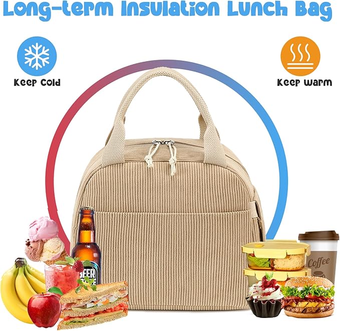Bluboon Lunch Bag for Women Men Cute Corduroy Lunch Tote Bags Reusable Insulated Lunch Box Large Capacity Reusable Insulated Cooler for Work Picnic or Travel