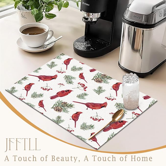 Winter Christmas Red Cardinal Dish Drying Mat, Cardinal Lovers Gifts, Berry Xmas Pine Branch Absorbent Dish Drainer Reusable Washable Drying Mat Pad for Kitchen Counter, 12×15 Inch