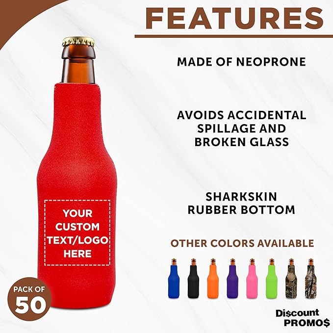50 Neoprene Zippered Beer Bottle Coolies Pack - Customizable Text, Logo - Sharkskin Rubber Bottom - Red