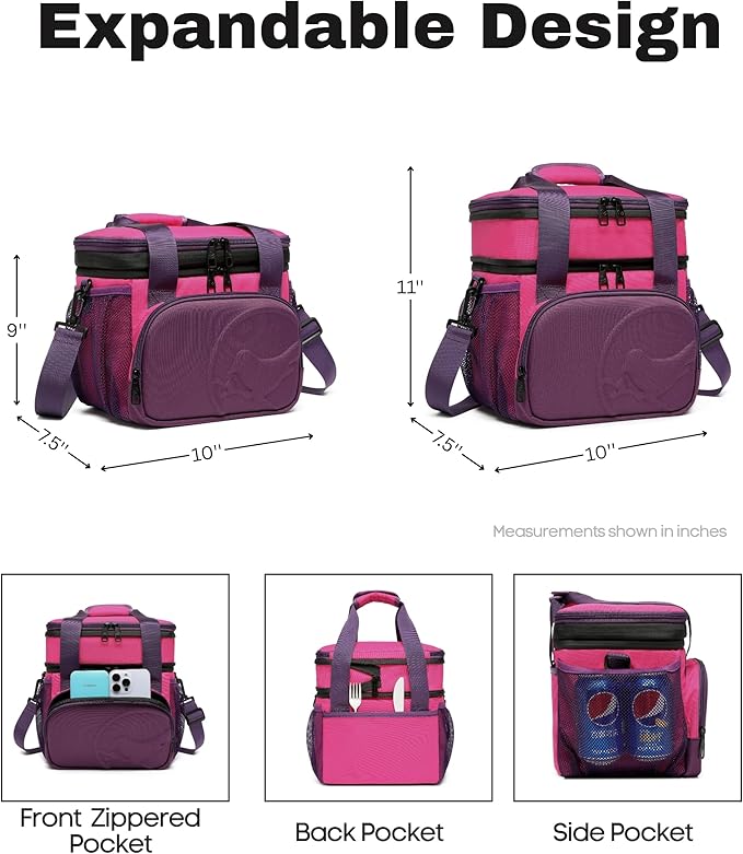 SUNNY BIRD Dual Compartment Lunch Bag, 13L Insulated Adult Lunch Box for Work (Purple)
