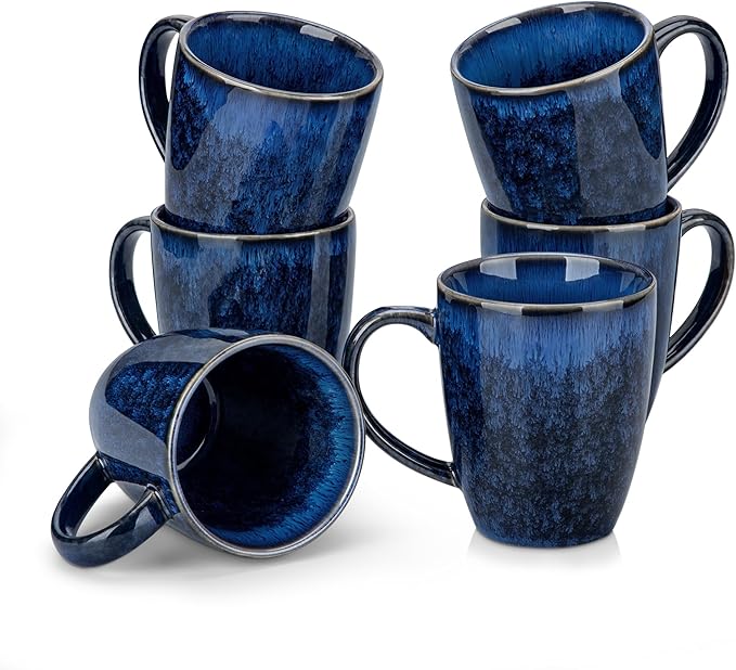 vancasso STARRY Ceramic Coffee Mug Set of 6, 12 Oz Tea Cups with Handle for Latte, Tea, Cappuccino, Milk, Cocoa, Microwave&Dishwasher Safe,Blue