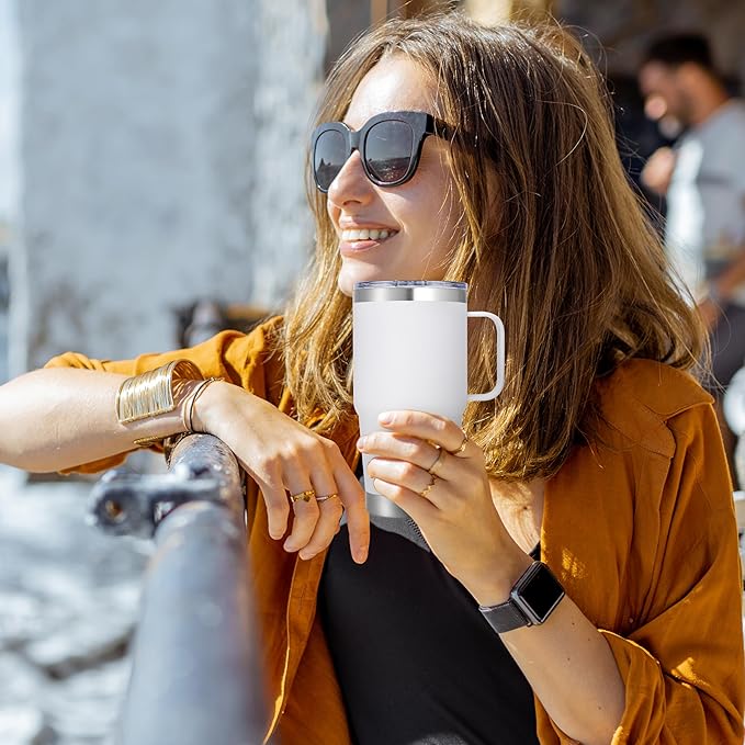 20 oz Stainless Steel Tumbler with Handle Bulk Metal Insulated Tumblers Travel Coffee Mug with Handle Double Wall Tumbler Cup with Lid and Straw, White 6 Pack
