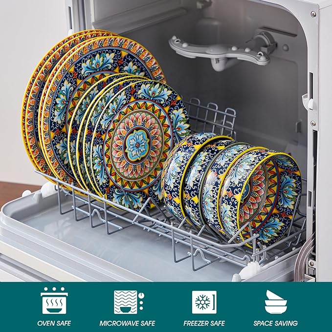 vancasso 12 Pieces Dinnerware Sets, Yellow Plates and Bowls Set, Porcelain Dishes Set for 4, Microwave and Dishwasher Safe, Scratch Resistant, Bohemian Style Dining Ware Service for 4, Series SIMI