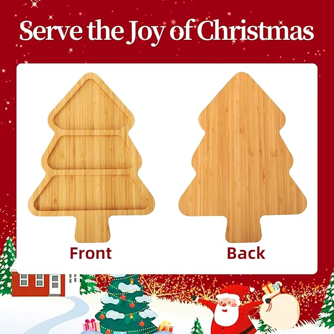TJ POP Bamboo Christmas Tree Serving Tray, Divided Charcuterie Board with 3 Compartments, Table Decorations for Christmas Party