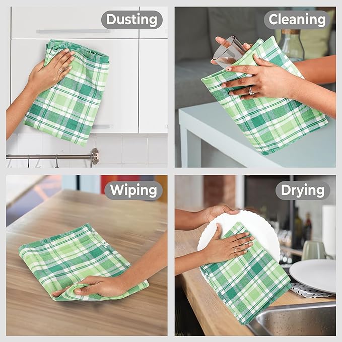 Urban Villa Green Checks Kitchen Towels Set of 6 Buffalo Checks Kitchen Towels 20X30 Inches 100% Cotton Highly Absorbent Kitchen Towels Premium Quality Ultra Soft Mitered Corners Towel