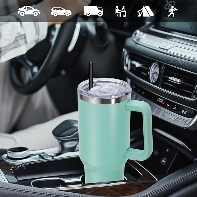 DOMICARE 40 oz Tumbler with Handle and Straw, Stainless Steel Tumbler with Lid and Straw, Reusable Vacuum Insulated Cup, Travel Coffee Mug, Mint Green, 1Pack