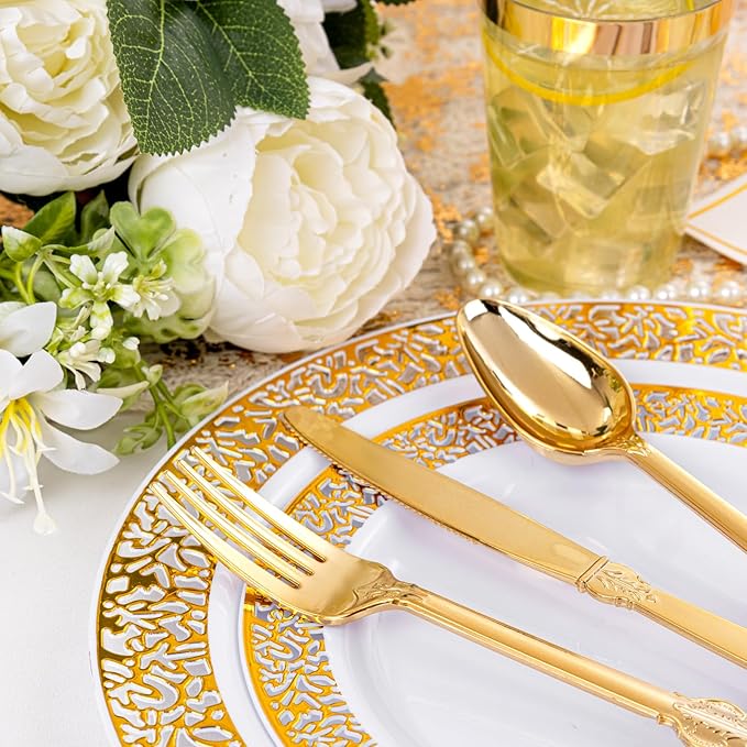bUCLA 350PCS Gold Plastic Plates Disposable - Gold Plastic Dinnerware Set Include 50 Dinner / 50 Dessert Plates, 50 Forks, 50 Knives, 50 Spoons, 50 Cups, 50 Napkins for Party & Thanksgiving