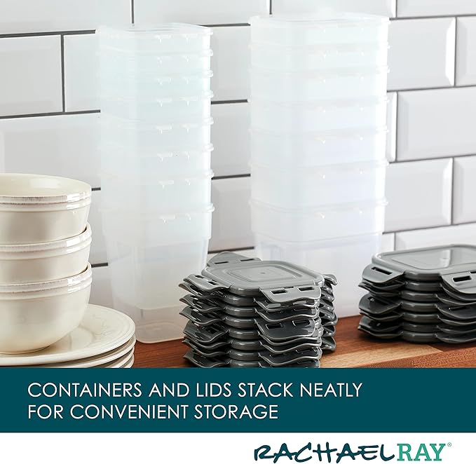 Rachael Ray Leak-Proof Stacking Container Food Storage Bin Set, 30-Piece, Clear with Gray Lids
