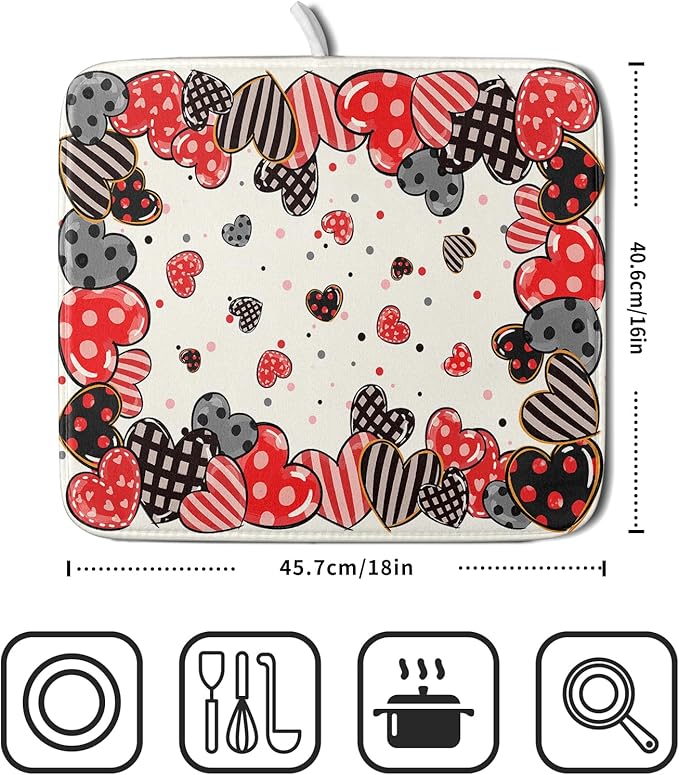 Red Heart Dish Drying Mat 16"x18" Love Dots Microfiber Dish Drainer Rack Mat Holiday Absorbent Fast Dry Pad for Kitchen Counter Home Decor