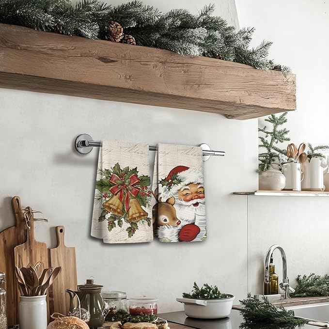 Christmas Kitchen Towels,Vintage Retro Santa Claus Dish Towels Set of 2,Christmas Kitchen Decor Tea Towels for Kitchen,Hand Towels for Bathroom,Gifts for Women,16×24 Inches