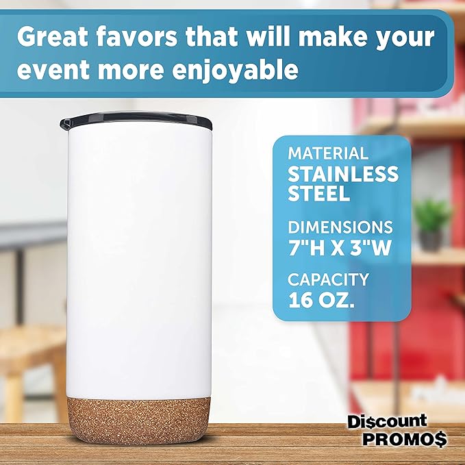 DISCOUNT PROMOS Travel Tumblers with Cork Bottom 16 oz. Set of 10, Bulk Pack - Double Wall Insulated, Matte Finish, Perfect for Iced Coffee, Soda, Other Beverages - White