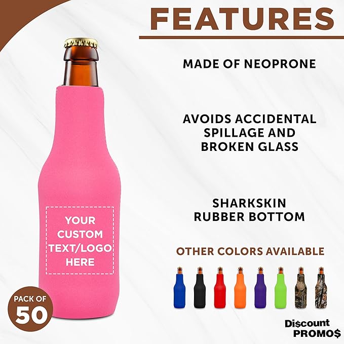 50 Neoprene Zippered Beer Bottle Coolies Pack - Customizable Text, Logo - Sharkskin Rubber Bottom - Neon Pink