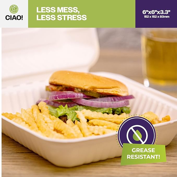 CIAO! 6"x6"x3" Clamshell 1 Compartment 100% Compostable Ecofriendly PFAS Free Unbleached Bagasse Natural White (500/case)