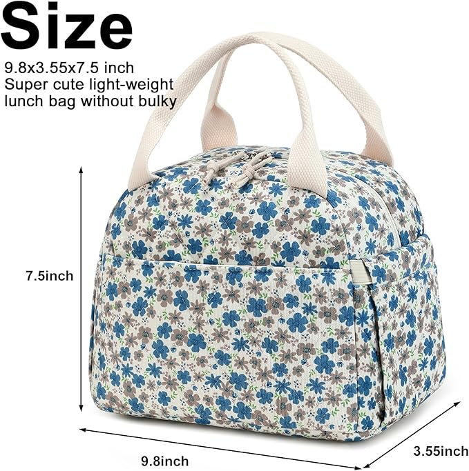 BTOOP Lunch Box for Women Men Cute Corduroy Lunch Bags Large Capacity Insulated Lunch Tote Bag For Work Travel Or Picnic (Blue-Brown Flower)