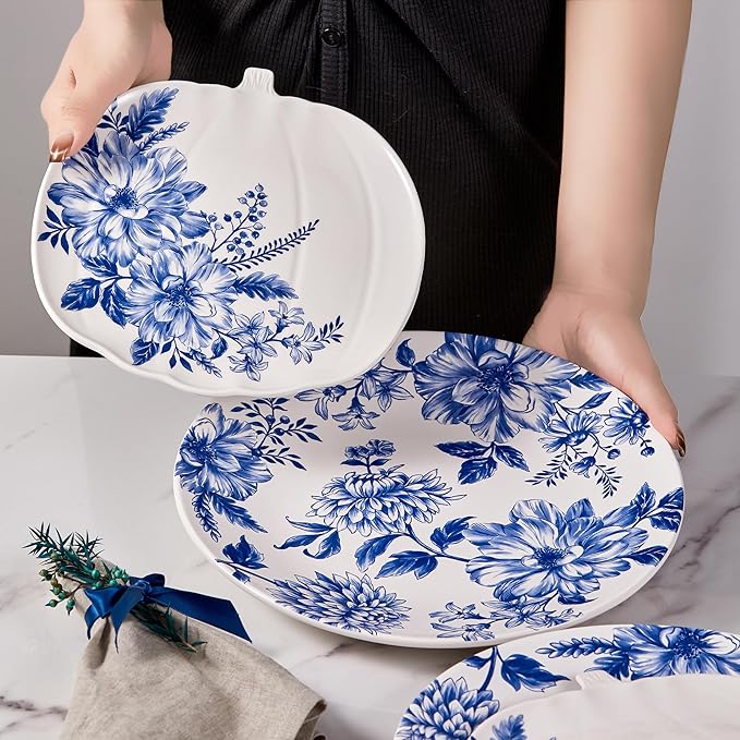 Bico Blue Floral Haven Dinner Plates Set of 4, 11 Inch Large Ceramic Plates for Pasta, Steak, Stylish Serving Dishes, Microwave and Dishwasher Safe, Gift for Housewarming and Thanksgiving