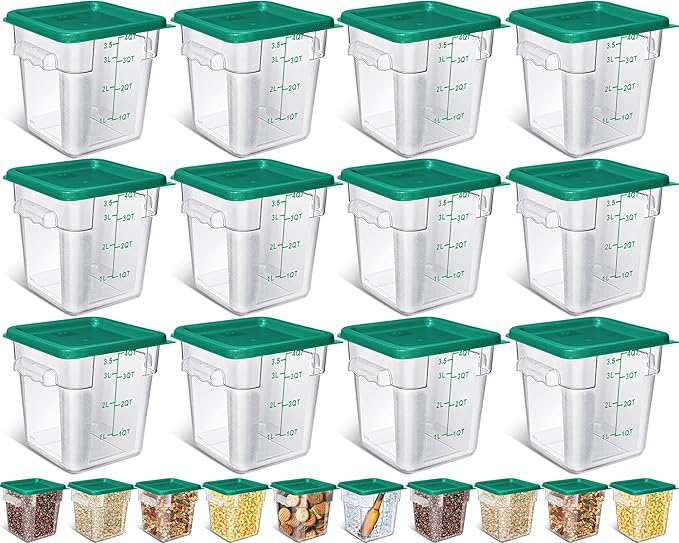 Yungyan 12 Pcs 4 Qt Commercial Food Storage Containers with Lids Restaurant Square Airtight Food Storage Containers Clear Cereal Containers for Kitchen Freezer Dishwasher Pantry(Green Lid)