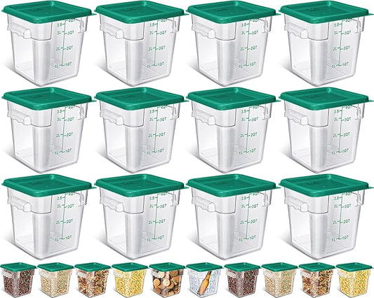 Yungyan 12 Pcs 4 Qt Commercial Food Storage Containers with Lids Restaurant Square Airtight Food Storage Containers Clear Cereal Containers for Kitchen Freezer Dishwasher Pantry(Green Lid)
