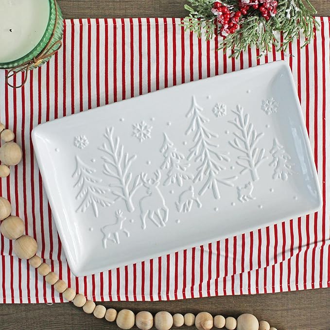 AuldHome Design Reindeer Christmas Tree Platter; Ceramic Embossed White Serving Tray