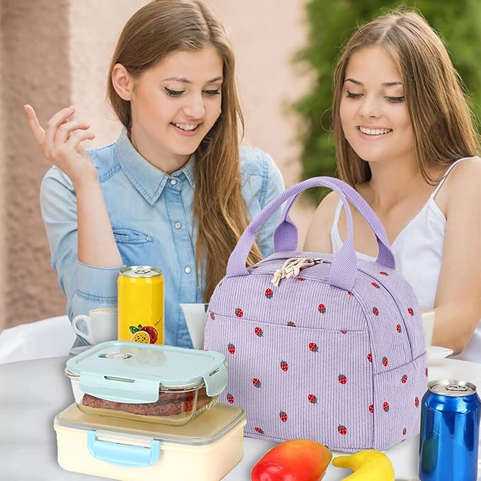 Bluboon Lunch Bag for Women Men Cute Corduroy Lunch Tote Bags Reusable Insulated Lunch Box Large Capacity Reusable Insulated Cooler for Work Picnic or Travel (Corduroy strawberry purple)