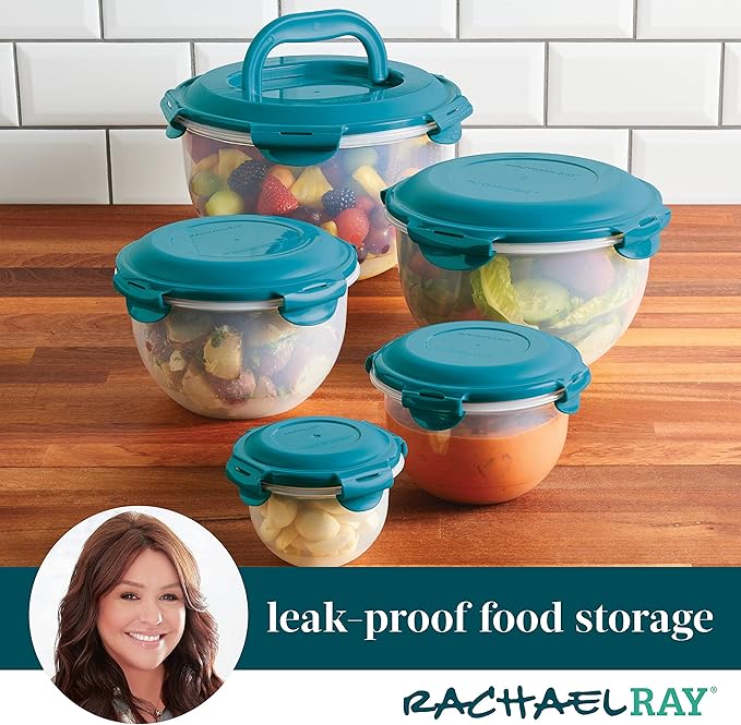 Rachael Ray Leak-Proof Nestable Container Food Storage Bin Set, 10-Piece, Clear with Teal Lids