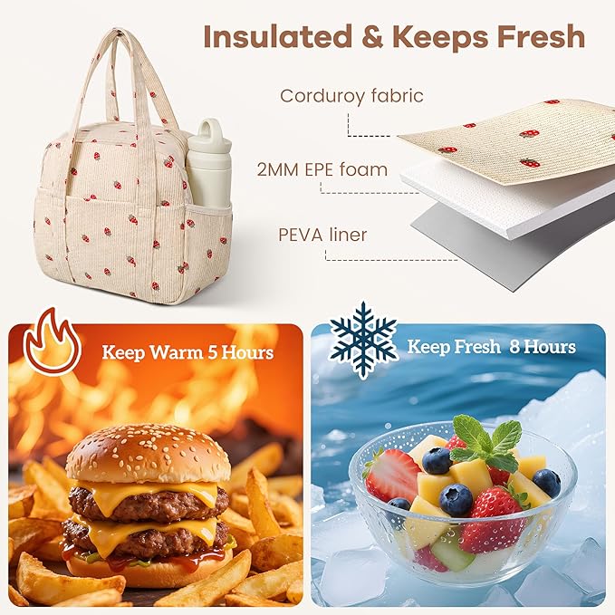 Yarnic Lunch Bag Women Men Insulated, Large Corduroy Lunch Box for Work with Bottle Pockets, Stylish Reusable Cooler Tote for Adults Teachers Picnic Hiking (Small Strawberry)